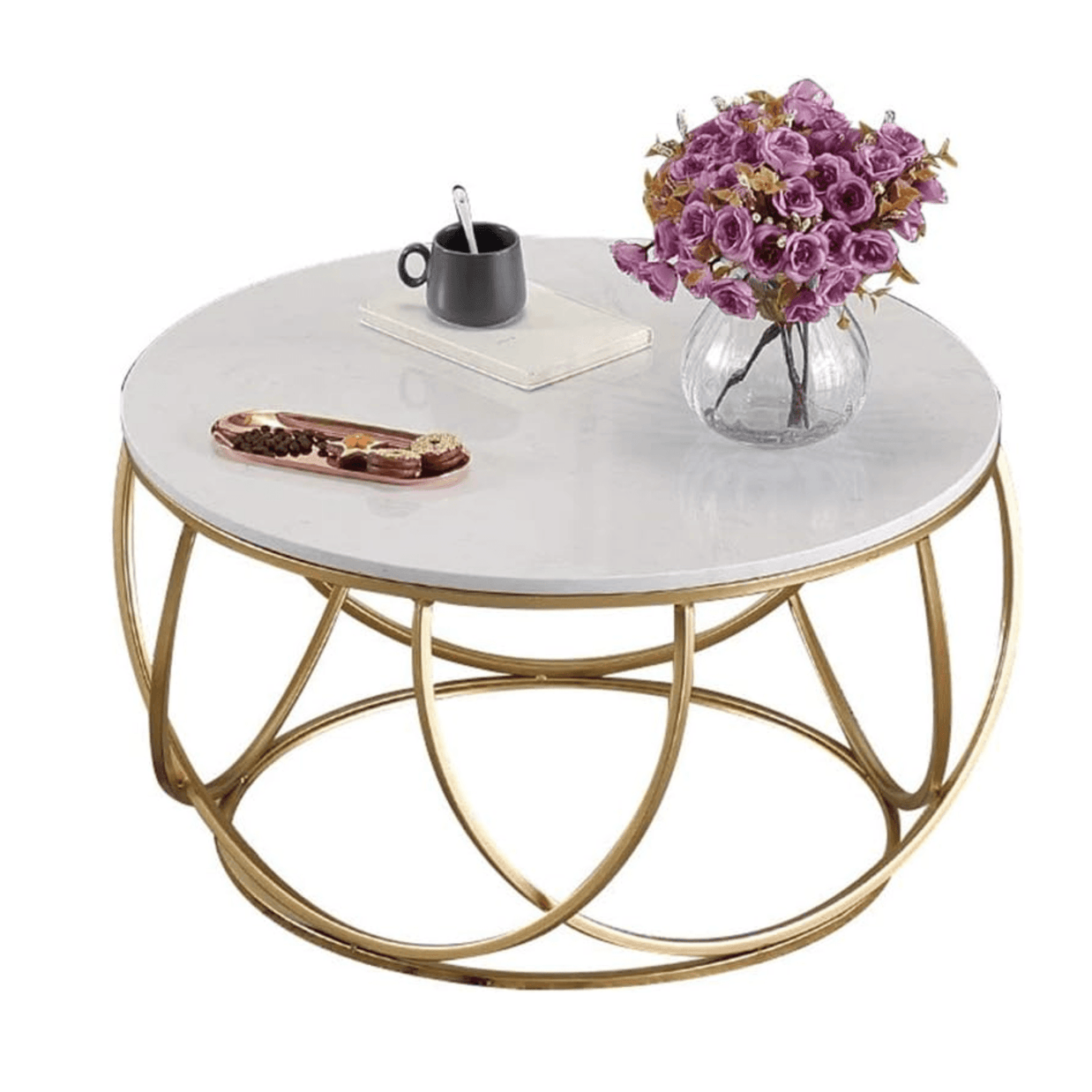 Wooden Twist Gilded Globe Design Round Coffee Table with Marble Top-Like Finish - WoodenTwist
