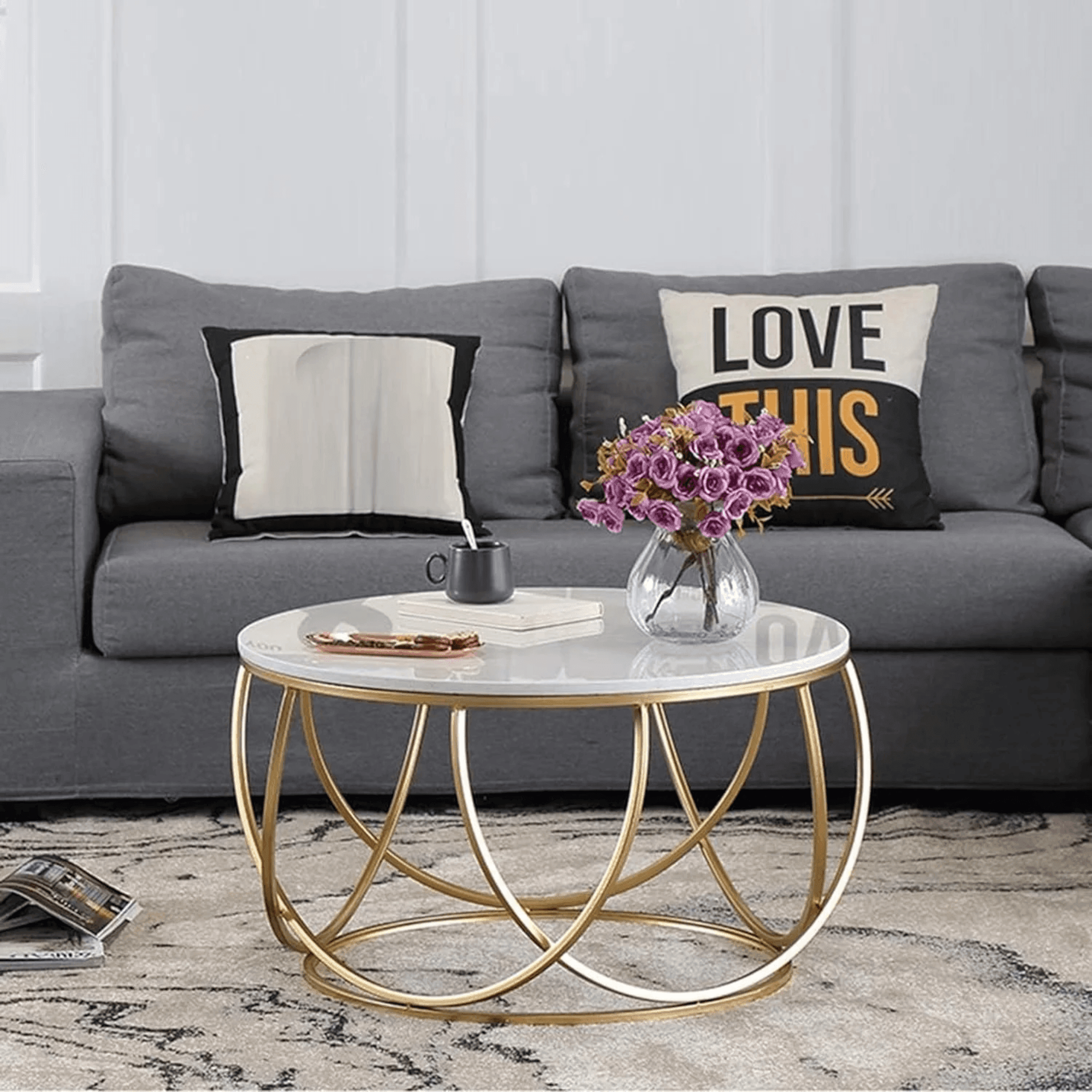 Wooden Twist Gilded Globe Design Round Coffee Table with Marble Top-Like Finish - WoodenTwist