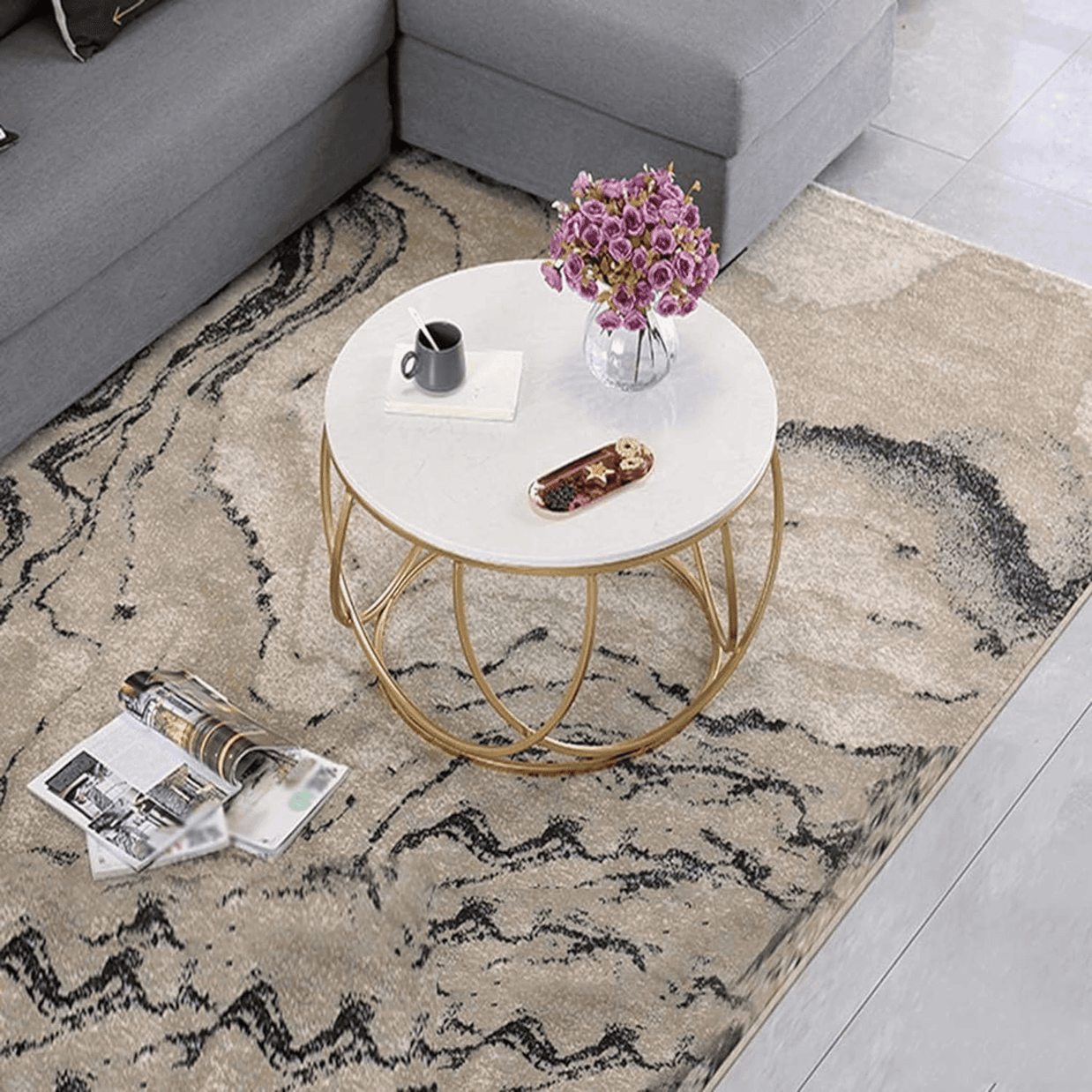 Wooden Twist Gilded Globe Design Round Coffee Table with Marble Top-Like Finish - WoodenTwist