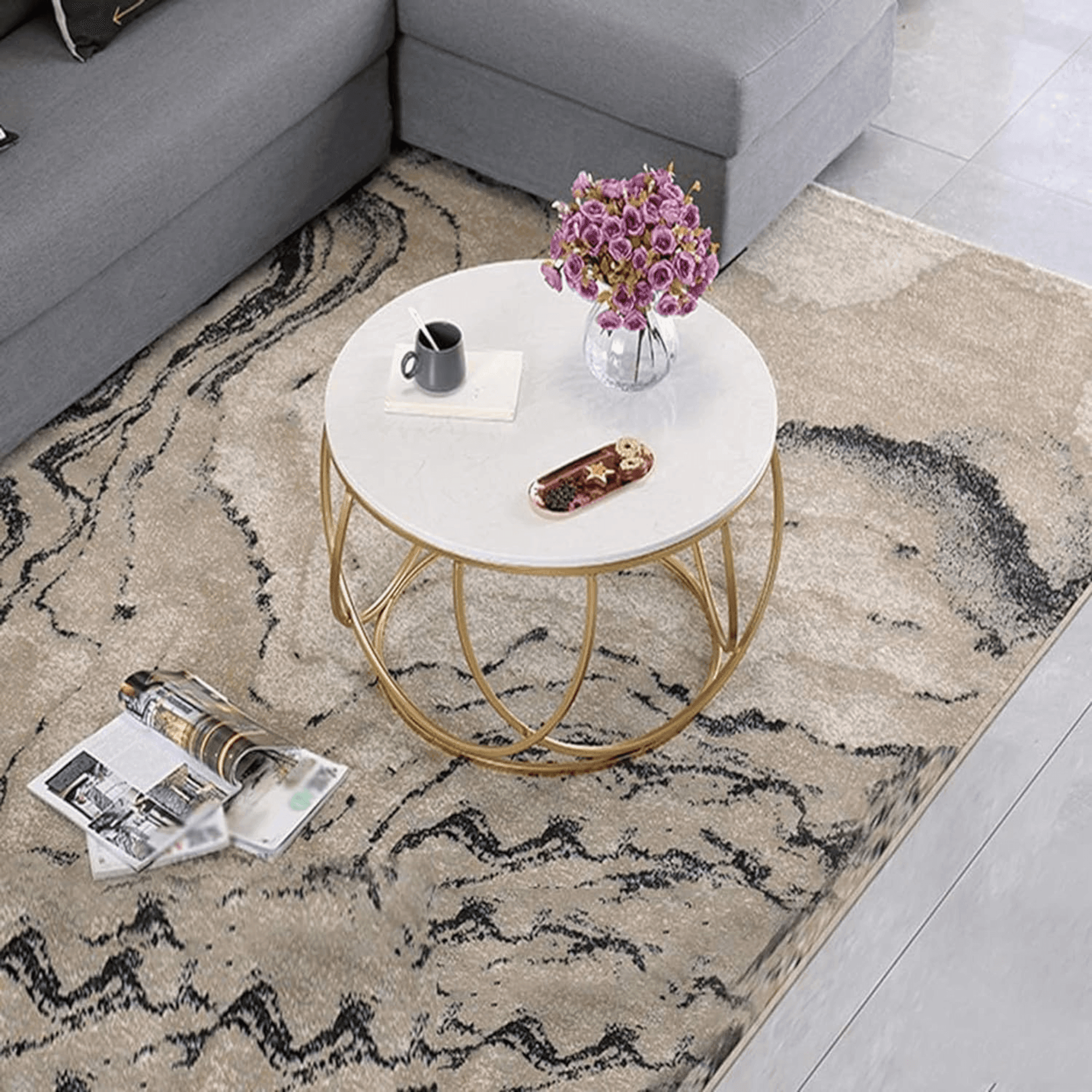 Wooden Twist Gilded Globe Design Round Coffee Table with Marble Top-Like Finish - WoodenTwist