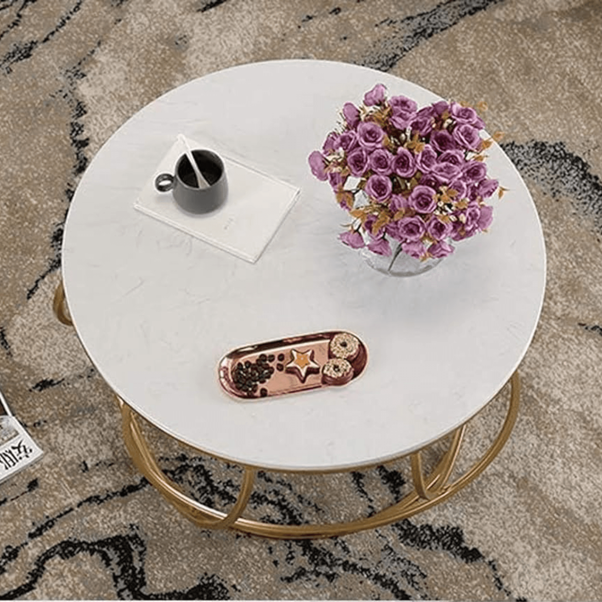 Wooden Twist Gilded Globe Design Round Coffee Table with Marble Top-Like Finish - WoodenTwist