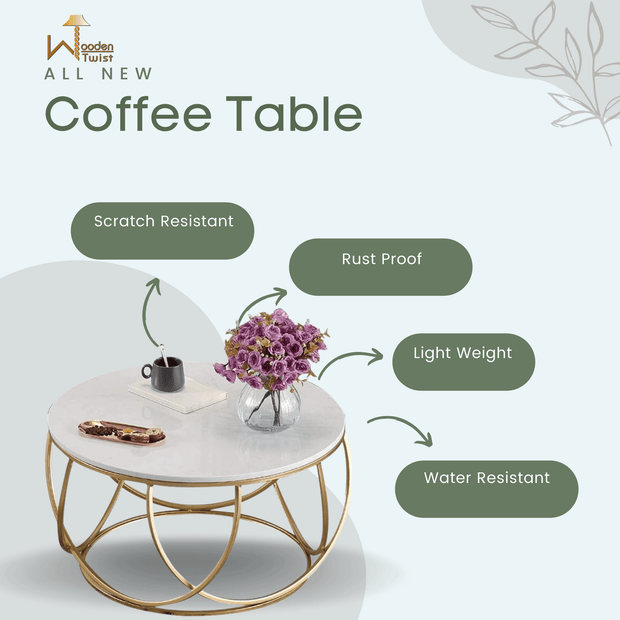 Wooden Twist Gilded Globe Design Round Coffee Table with Marble Top-Like Finish - WoodenTwist