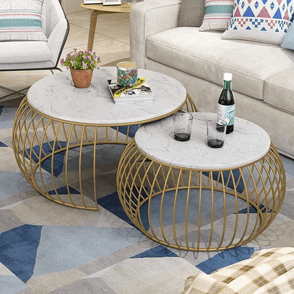 Wooden Twist Sylena Round Coffee Table with Marble Top-Like Finish (Set of 2) - WoodenTwist
