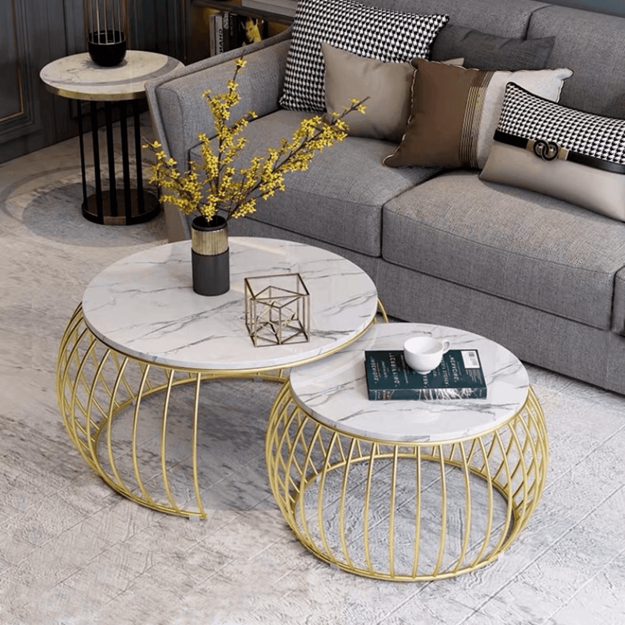 Wooden Twist Sylena Round Coffee Table with Marble Top-Like Finish for Modern & Elegant Living Room ( Set of 2 ) - WoodenTwis