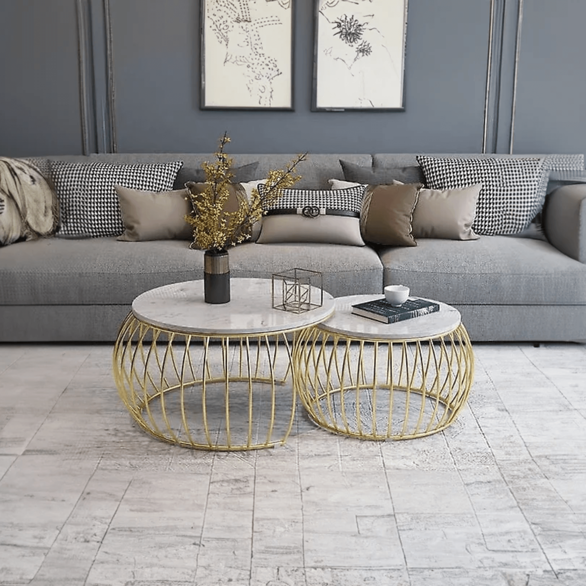 Wooden Twist Sylena Round Coffee Table with Marble Top-Like Finish for Modern & Elegant Living Room ( Set of 2 )