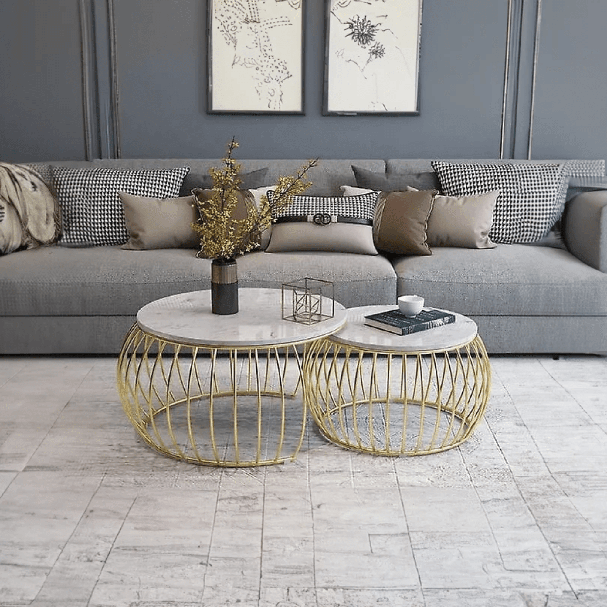 Wooden Twist Sylena Round Coffee Table with Marble Top-Like Finish for Modern Elegant Living Room Set of Golden White