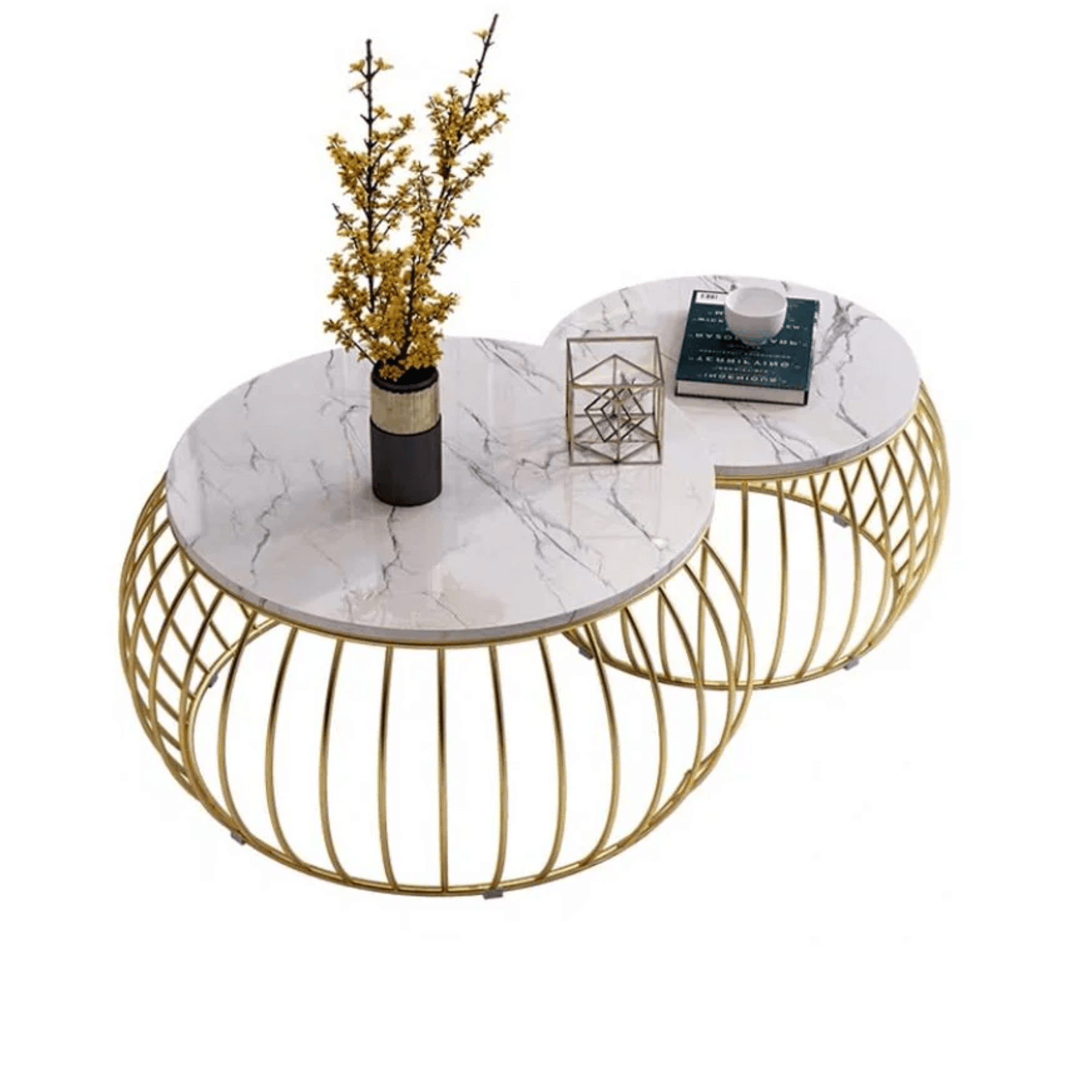 Wooden Twist Sylena Round Coffee Table with Marble Top-Like Finish for Modern & Elegant Living Room ( Set of 2 ) - WoodenTwis
