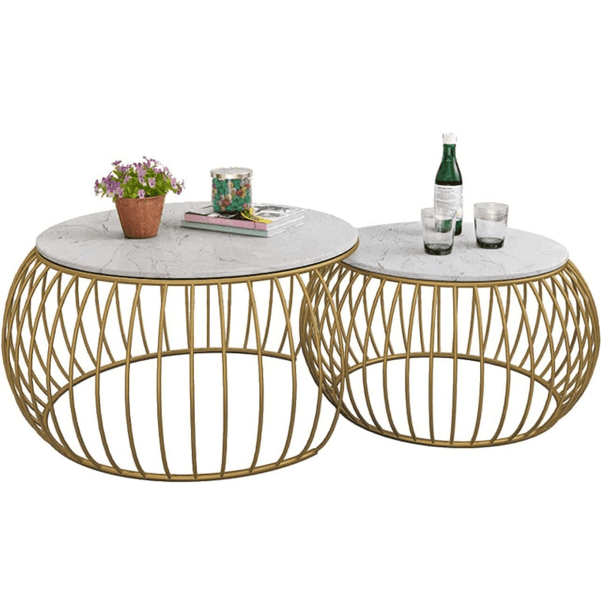 Wooden Twist Sylena Round Coffee Table with Marble Top-Like Finish for Modern & Elegant Living Room ( Set of 2 ) - WoodenTwis