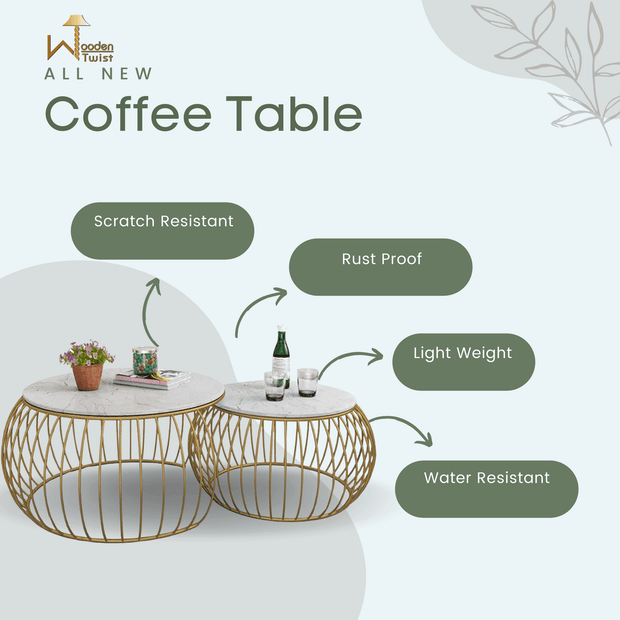 Wooden Twist Sylena Round Coffee Table with Marble Top-Like Finish for Modern & Elegant Living Room ( Set of 2 ) - WoodenTwis