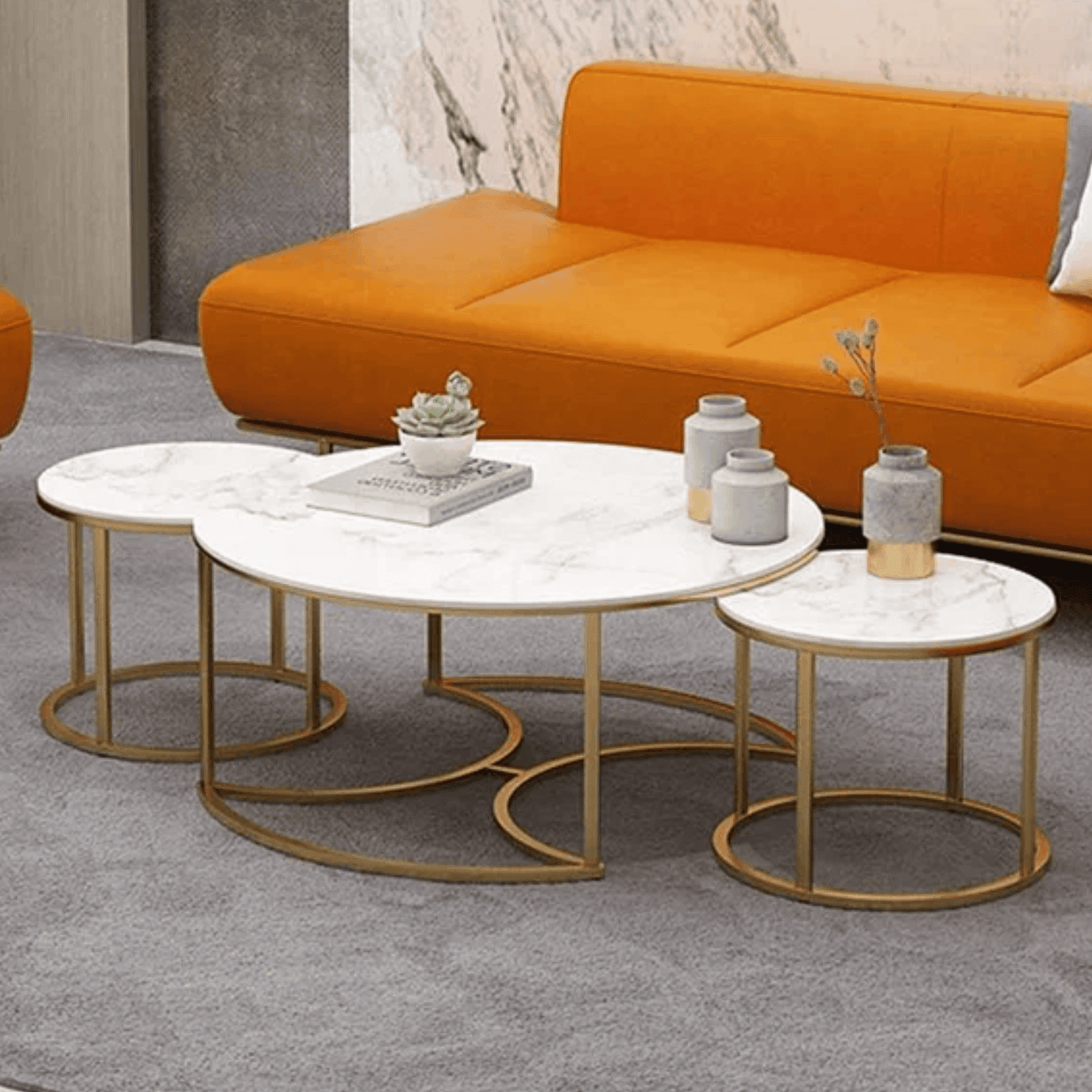 Wooden Twist Vibing Modern Contemporary Metal Base Marble Finish Laminated Top Nesting Coffee Table ( Set of 3 ) - WoodenTwis