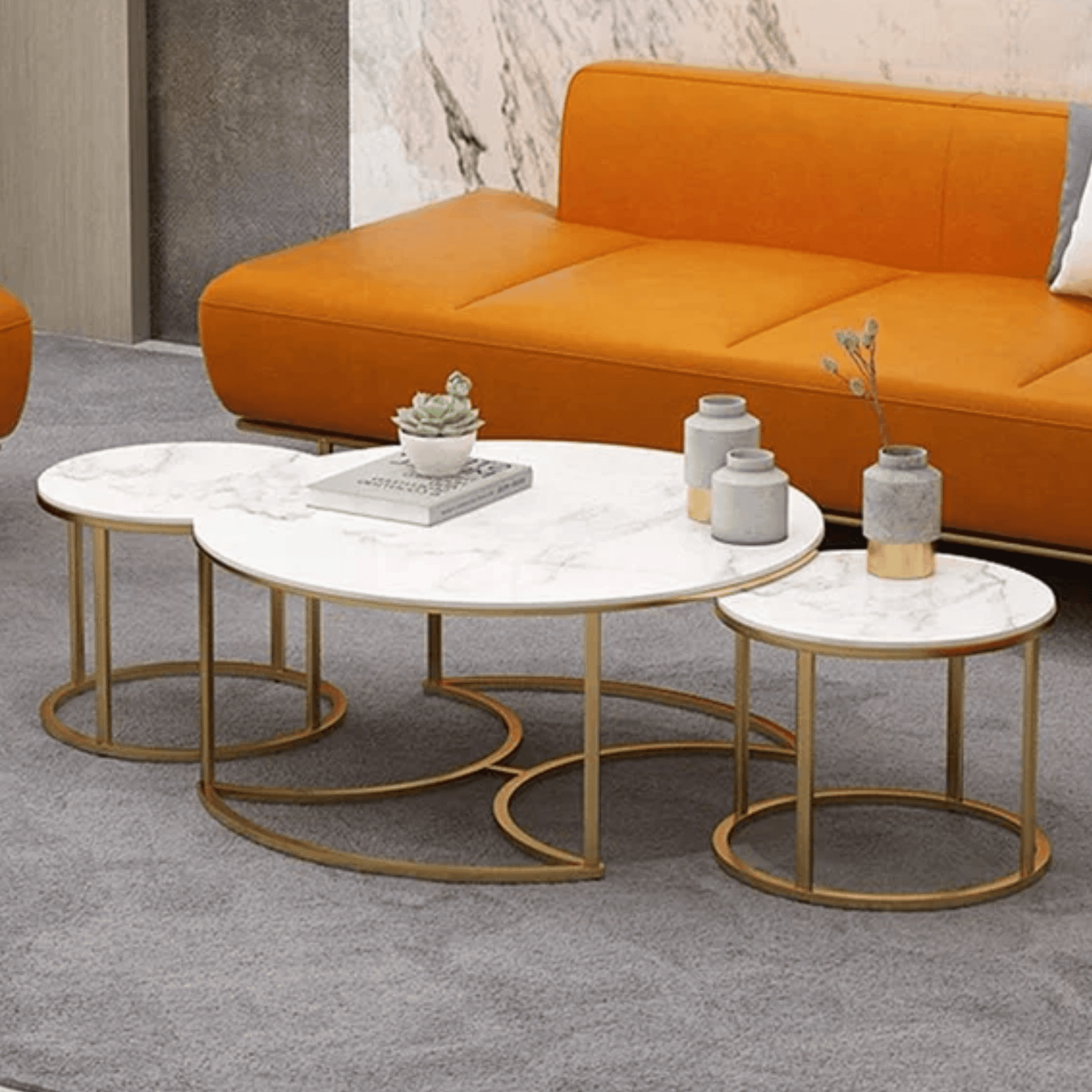Wooden Twist Vibing Modern Contemporary Metal Base Marble Finish Laminated Top Nesting Coffee Table ( Set of 3 ) - WoodenTwis