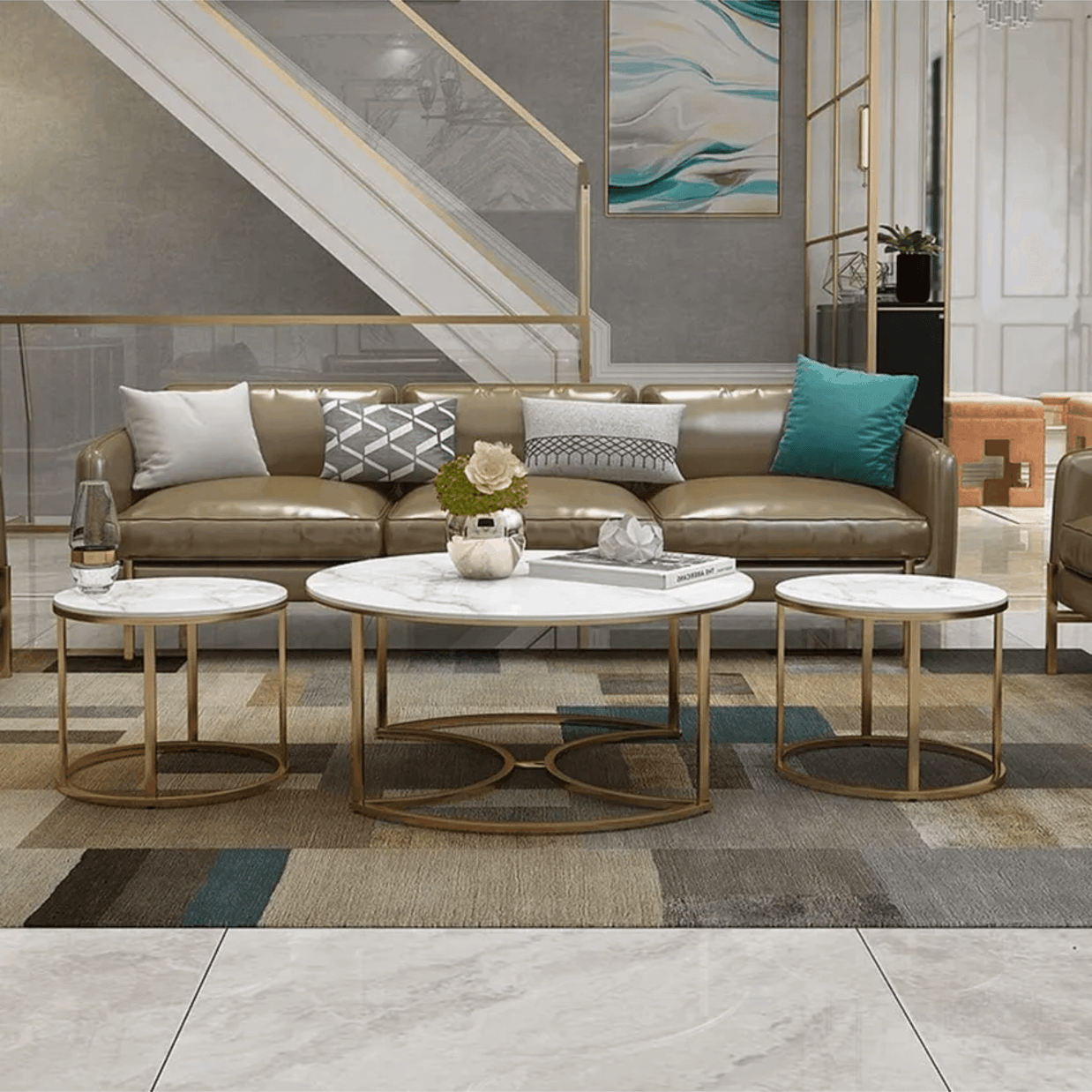 Wooden Twist Vibing Modern Contemporary Metal Base Marble Finish Laminated Top Nesting Coffee Table ( Set of 3 ) - WoodenTwis