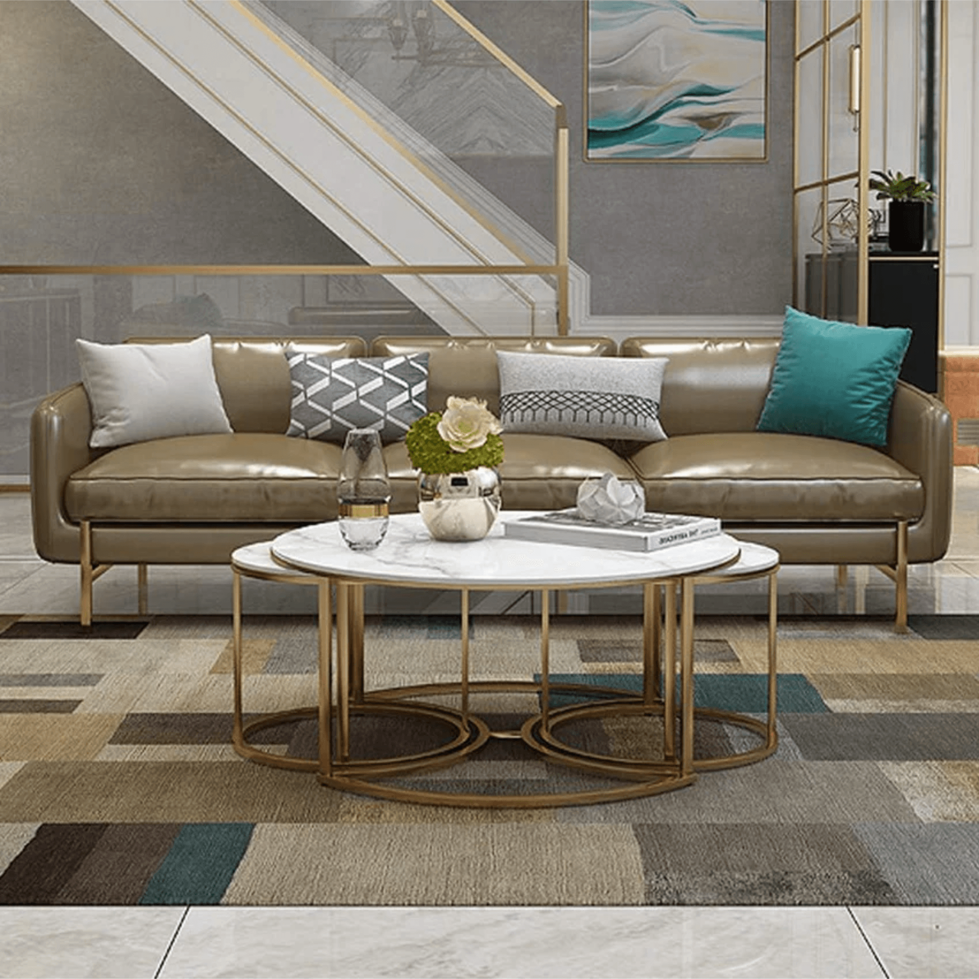 Wooden Twist Vibing Modern Contemporary Metal Base Marble Top Nesting Coffee Table ( Set of 3 )