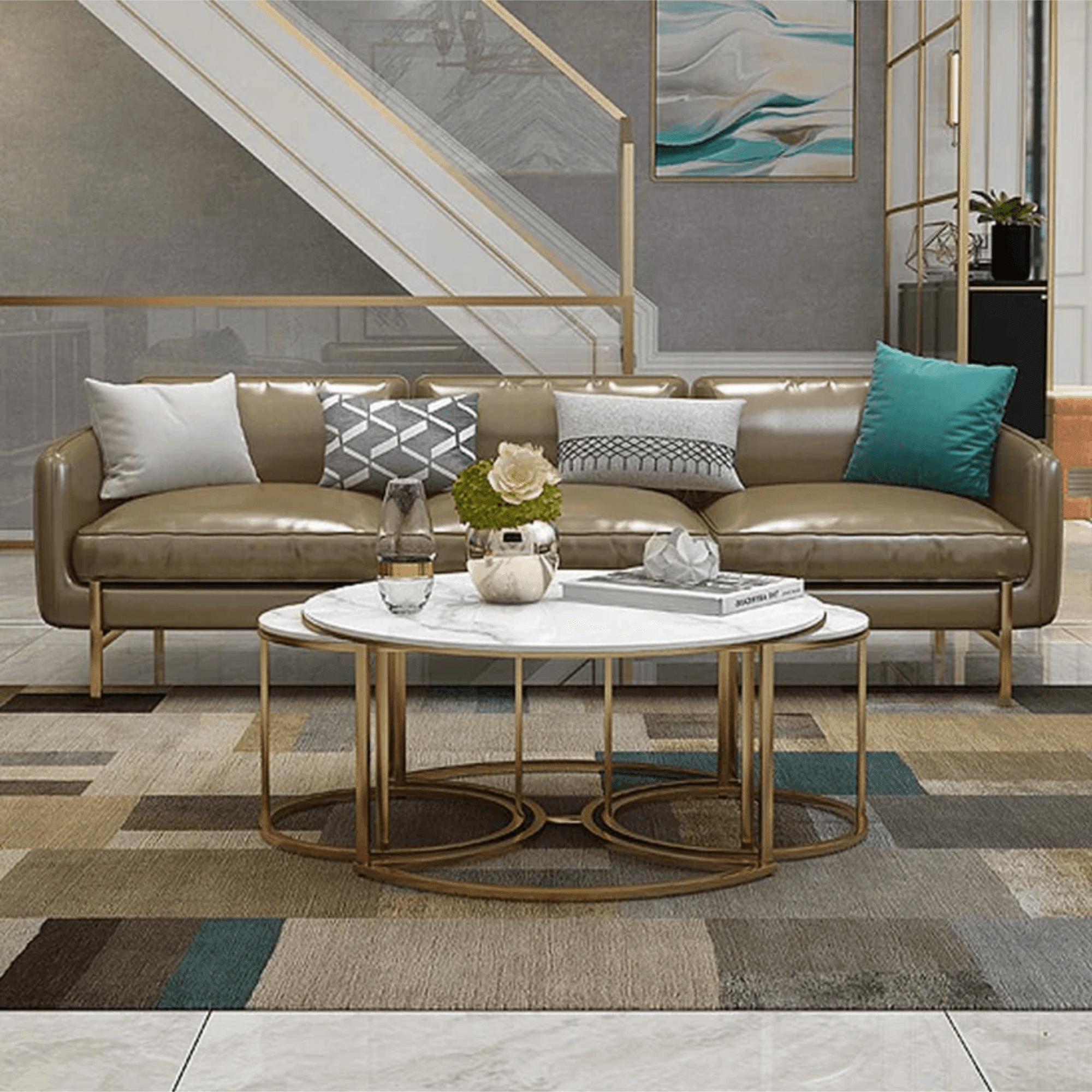 Wooden Twist Vibing Modern Contemporary Metal Base Marble Finish Laminated Top Nesting Coffee Table ( Set of 3 ) - WoodenTwis