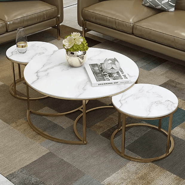 Wooden Twist Vibing Modern Contemporary Metal Base Marble Finish Laminated Top Nesting Coffee Table ( Set of 3 ) - WoodenTwis