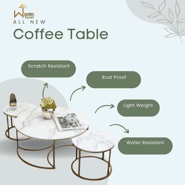 Wooden Twist Vibing Modern Contemporary Metal Base Marble Finish Laminated Top Nesting Coffee Table ( Set of 3 ) - WoodenTwis