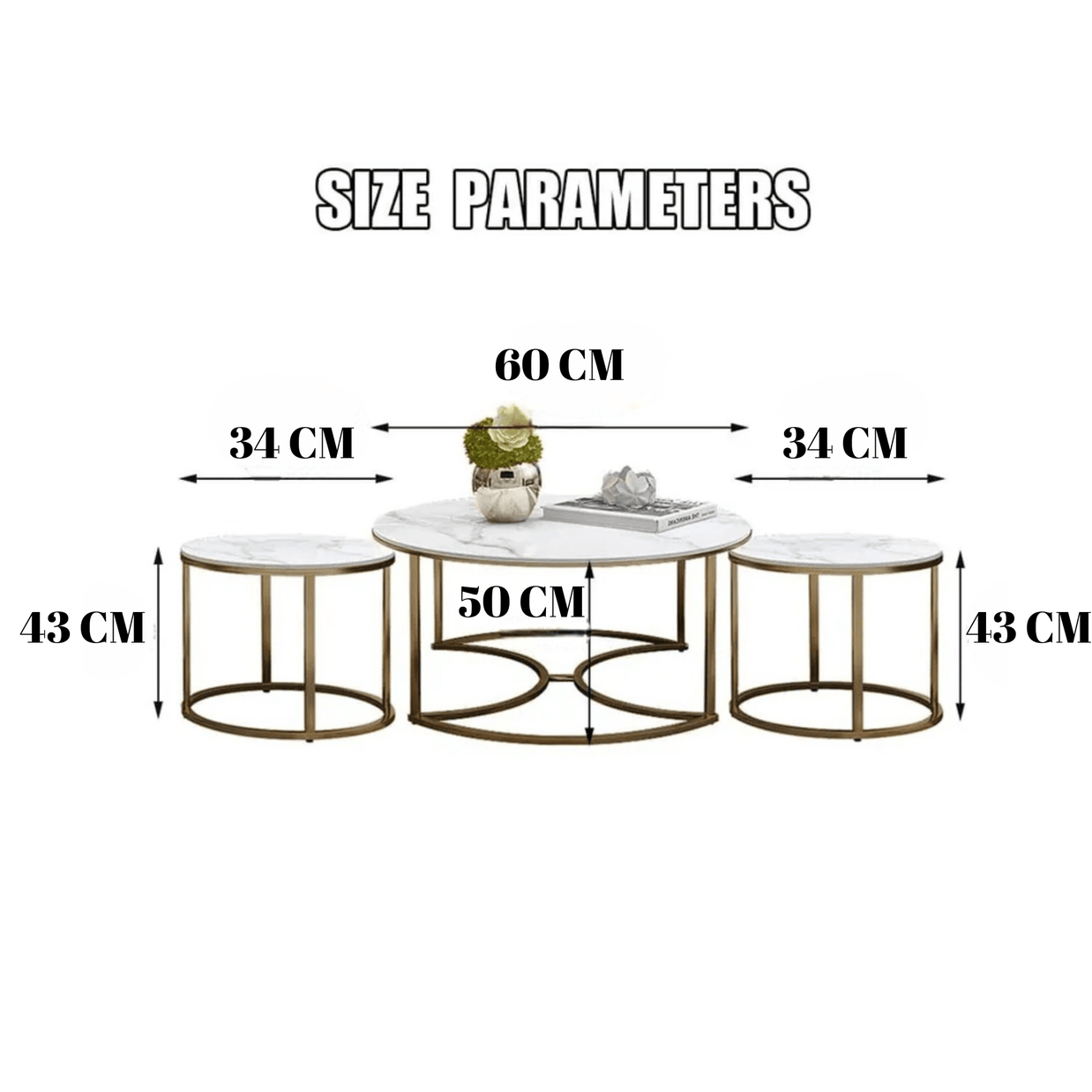 Wooden Twist Vibing Modern Contemporary Metal Base Marble Finish Laminated Top Nesting Coffee Table ( Set of 3 ) - WoodenTwis