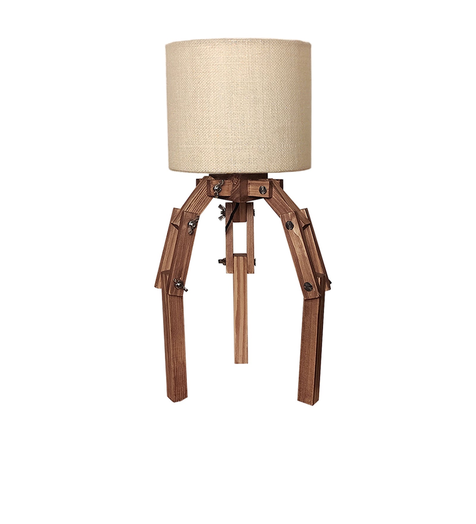 Crawler Brown Wooden Table Lamp with Yellow Printed Fabric Lampshade