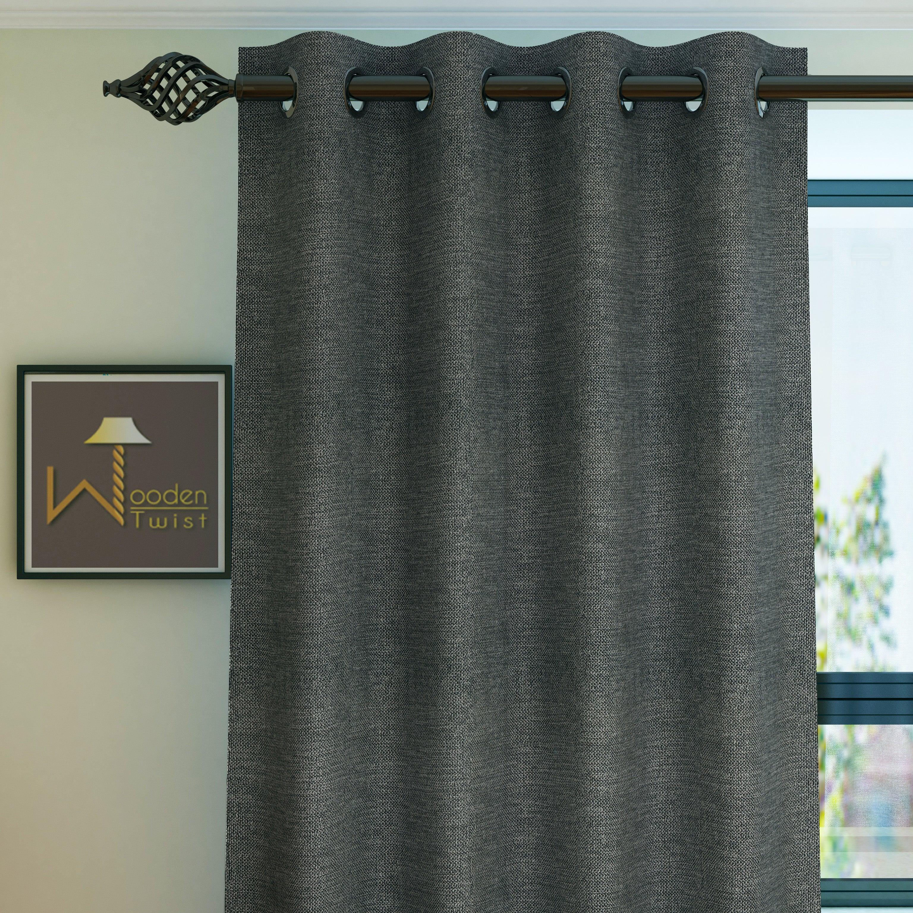 Fabrahome Light Filtering 10 Ft Rectangular Jute Fabric Curtain ( Dark Grey ) - WoodenTwist