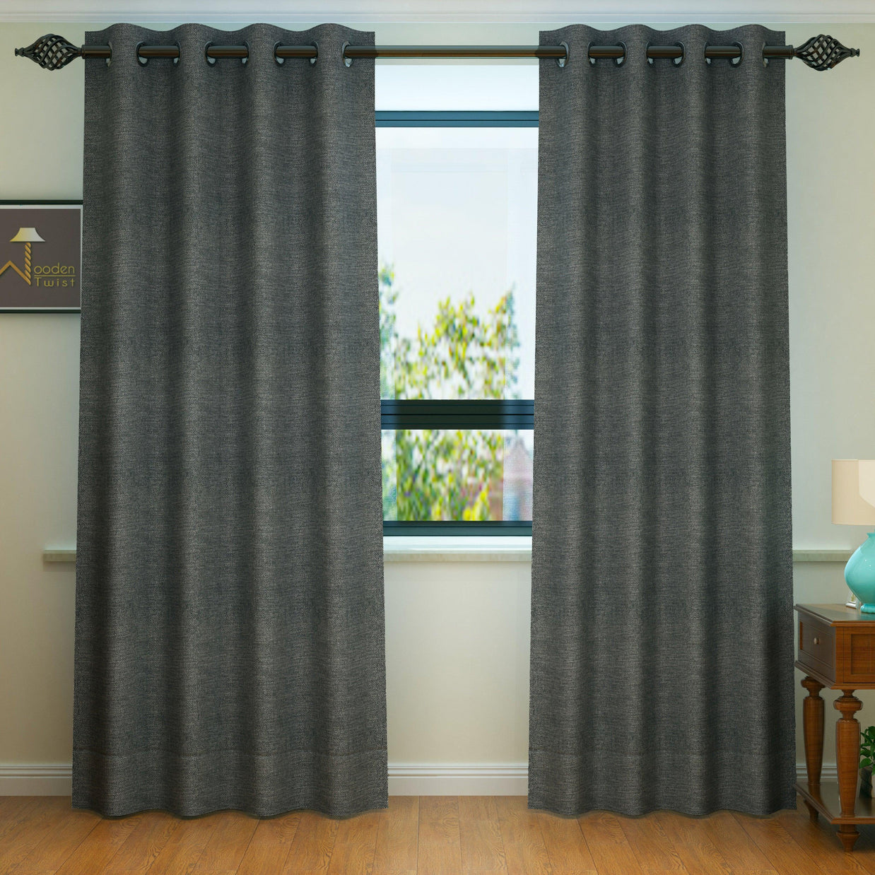 Fabrahome Light Filtering 10 Ft Rectangular Jute Fabric Curtain ( Dark Grey ) - WoodenTwist