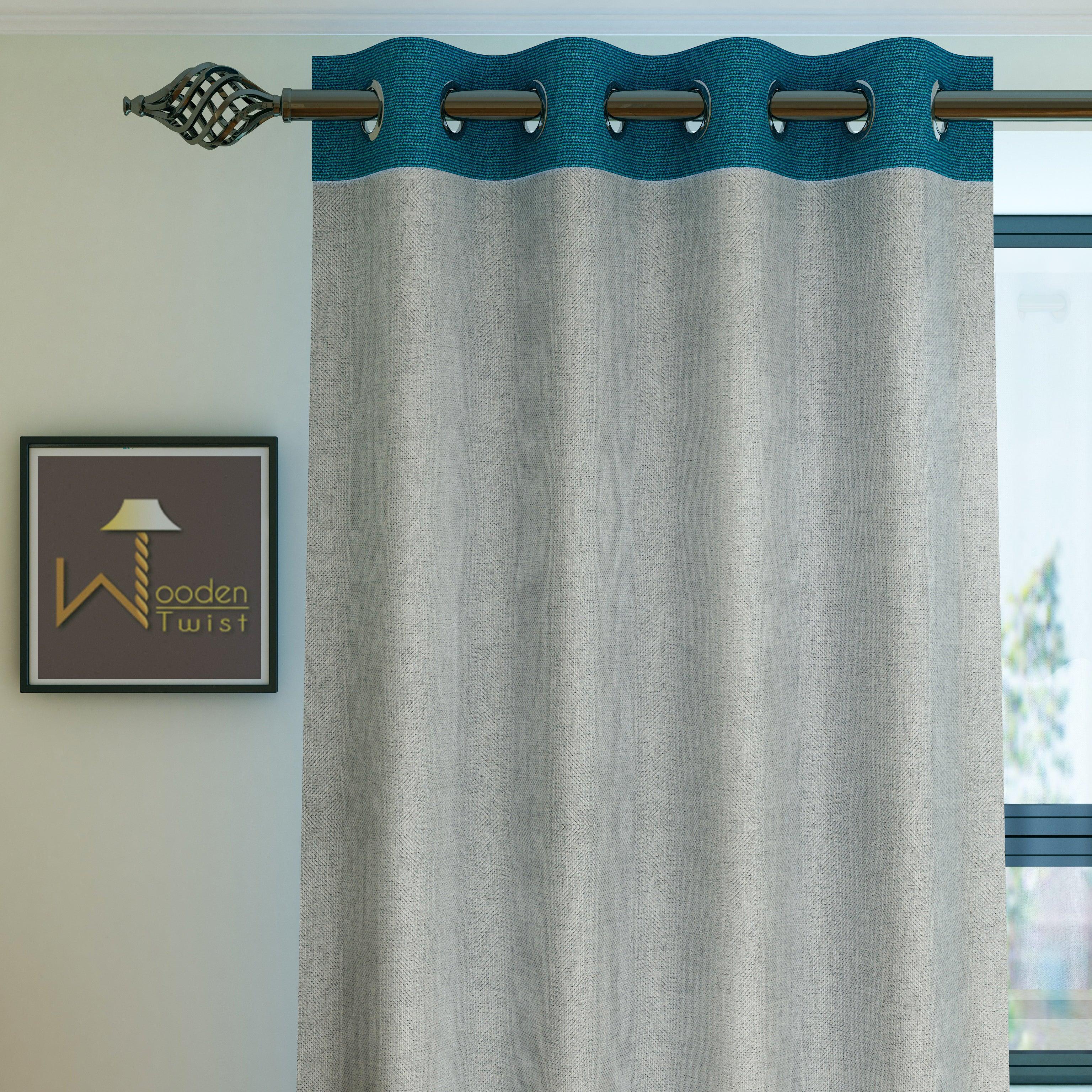 Fabrahome Light Filtering 10 Ft Rectangular Jute Fabric Curtain ( Grey & Blue ) - WoodenTwist