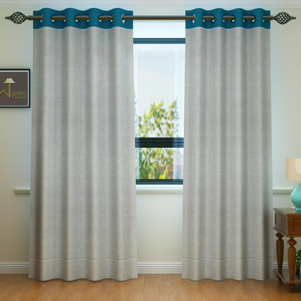 Fabrahome Light Filtering 10 Ft Rectangular Jute Fabric Curtain ( Grey & Blue ) - WoodenTwist