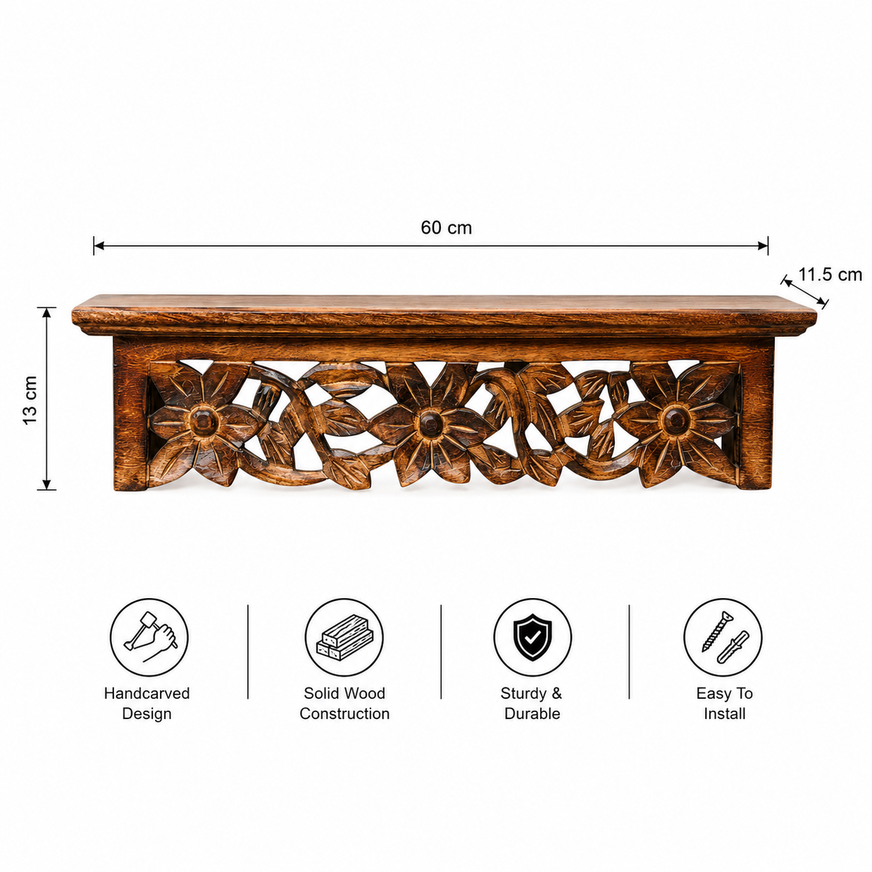 Hand Carved Wooden Wall Shelf with Jali Work for Living Room