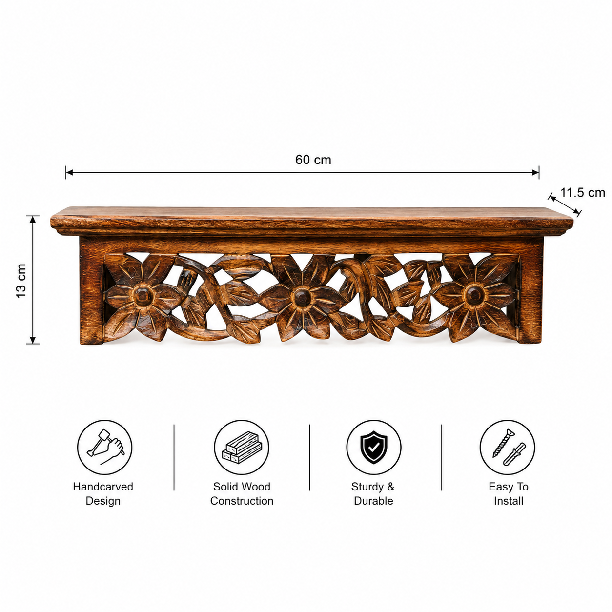 Hand Carved Wooden Wall Shelf with Jali Work for Living Room