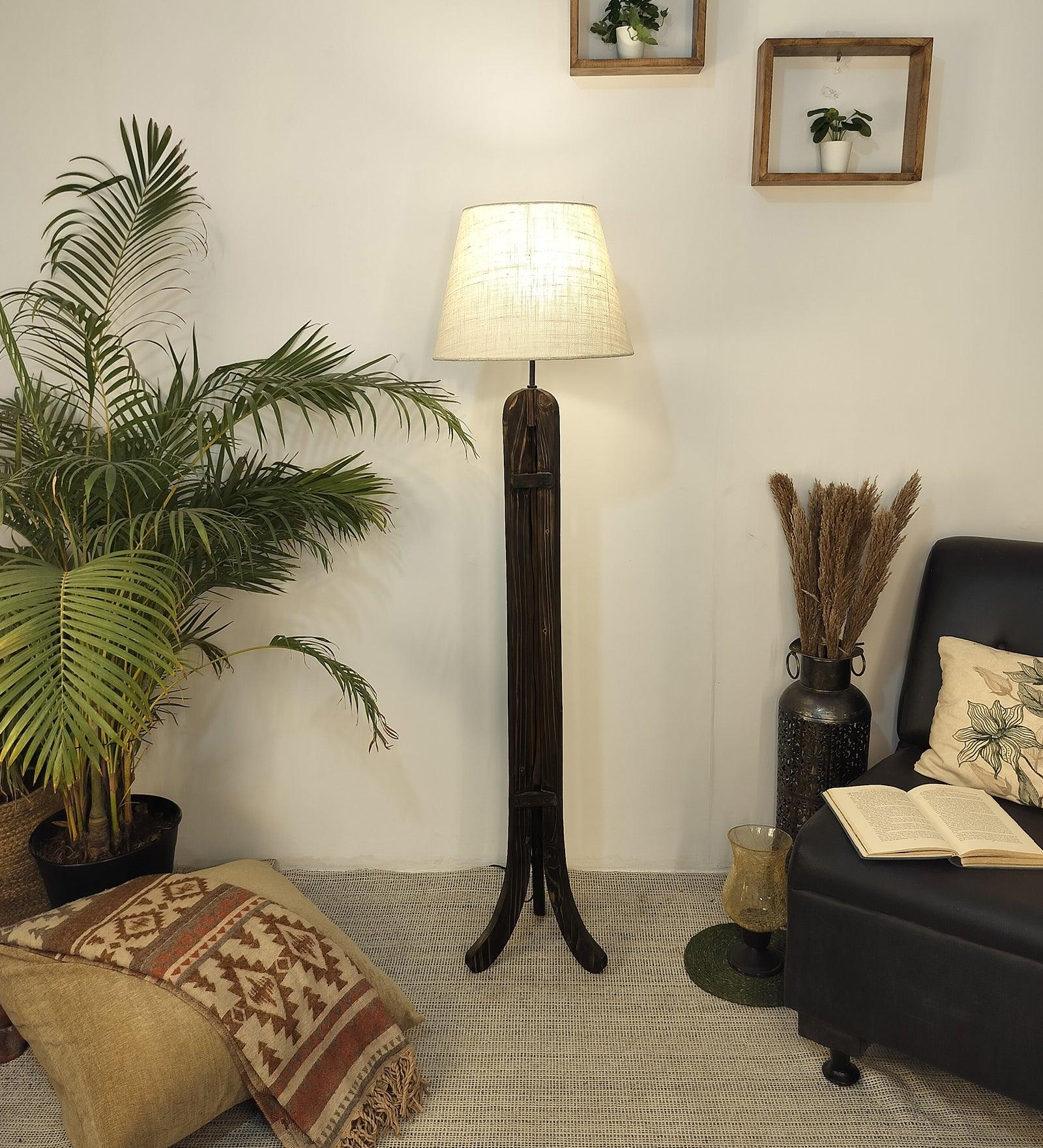 Damien Wooden Floor Lamp with Brown Base and Jute Fabric Lampshade - WoodenTwist