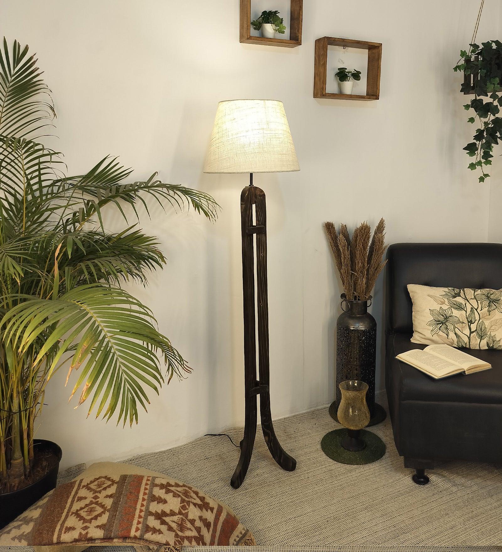 Damien Wooden Floor Lamp with Brown Base and Jute Fabric Lampshade - WoodenTwist