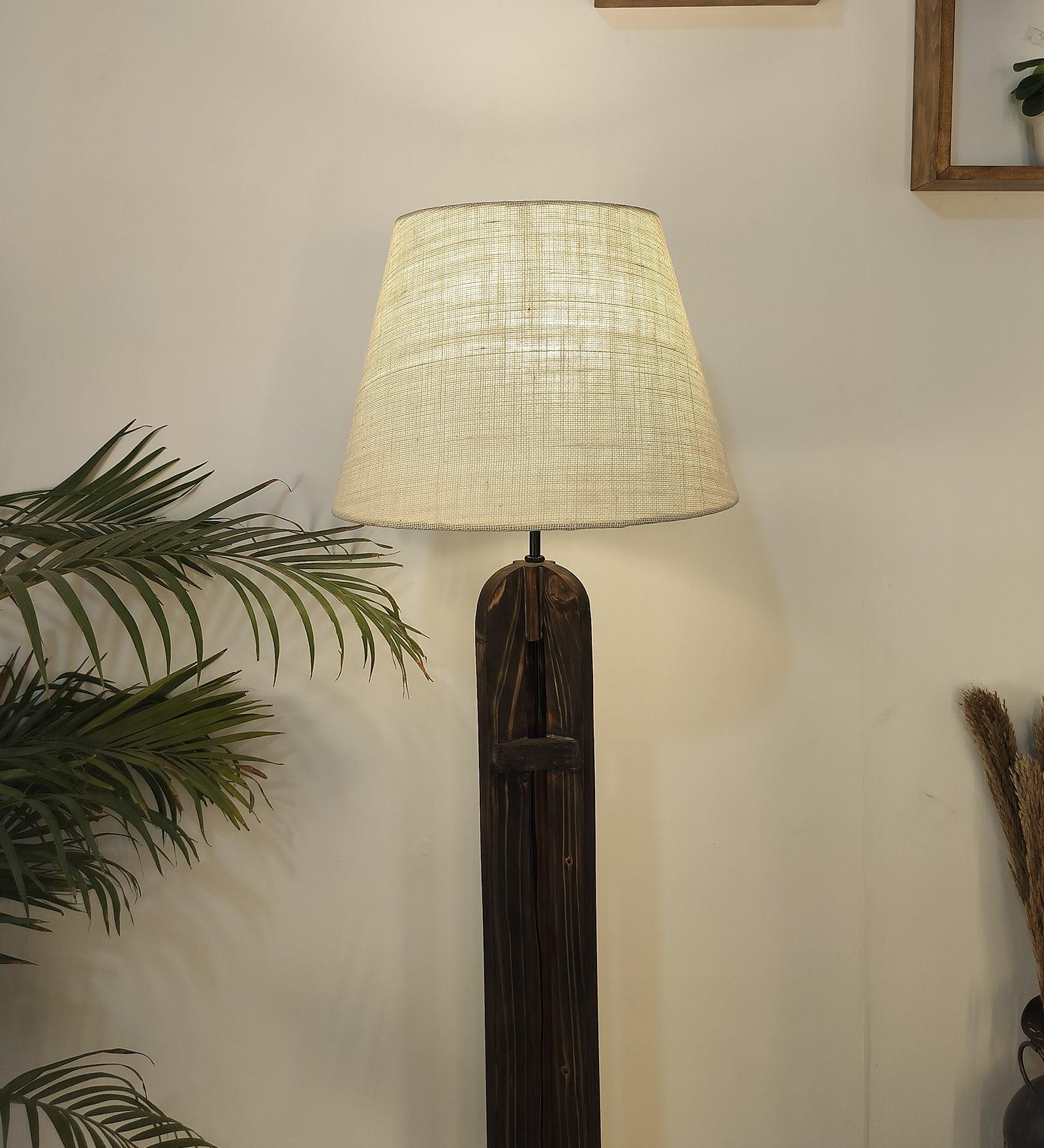 Damien Wooden Floor Lamp with Brown Base and Jute Fabric Lampshade - WoodenTwist