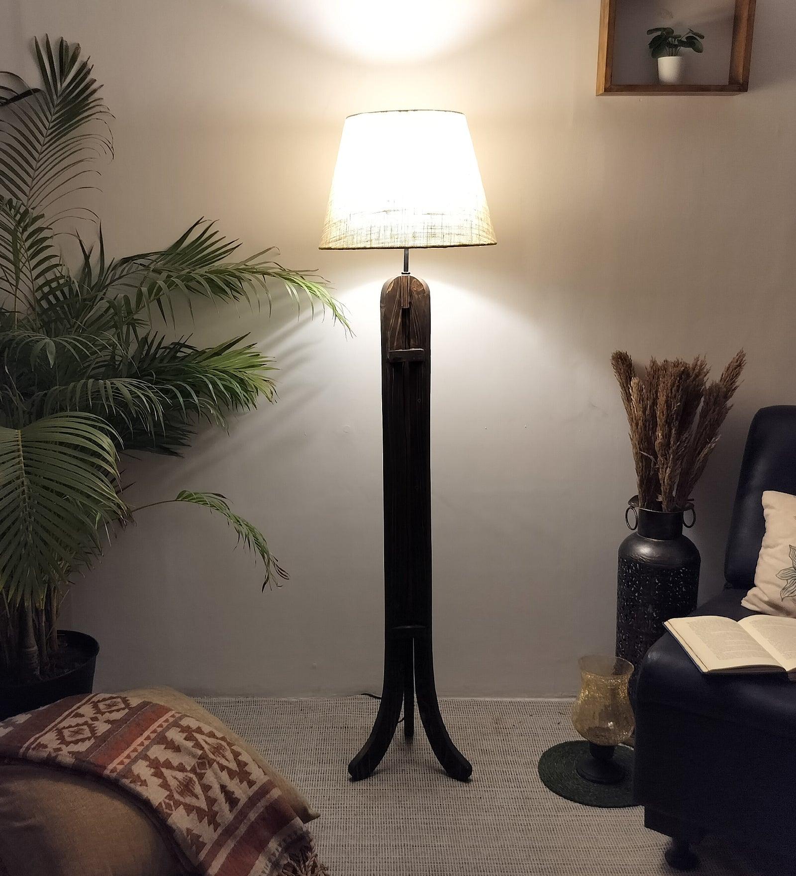 Damien Wooden Floor Lamp with Brown Base and Jute Fabric Lampshade - WoodenTwist