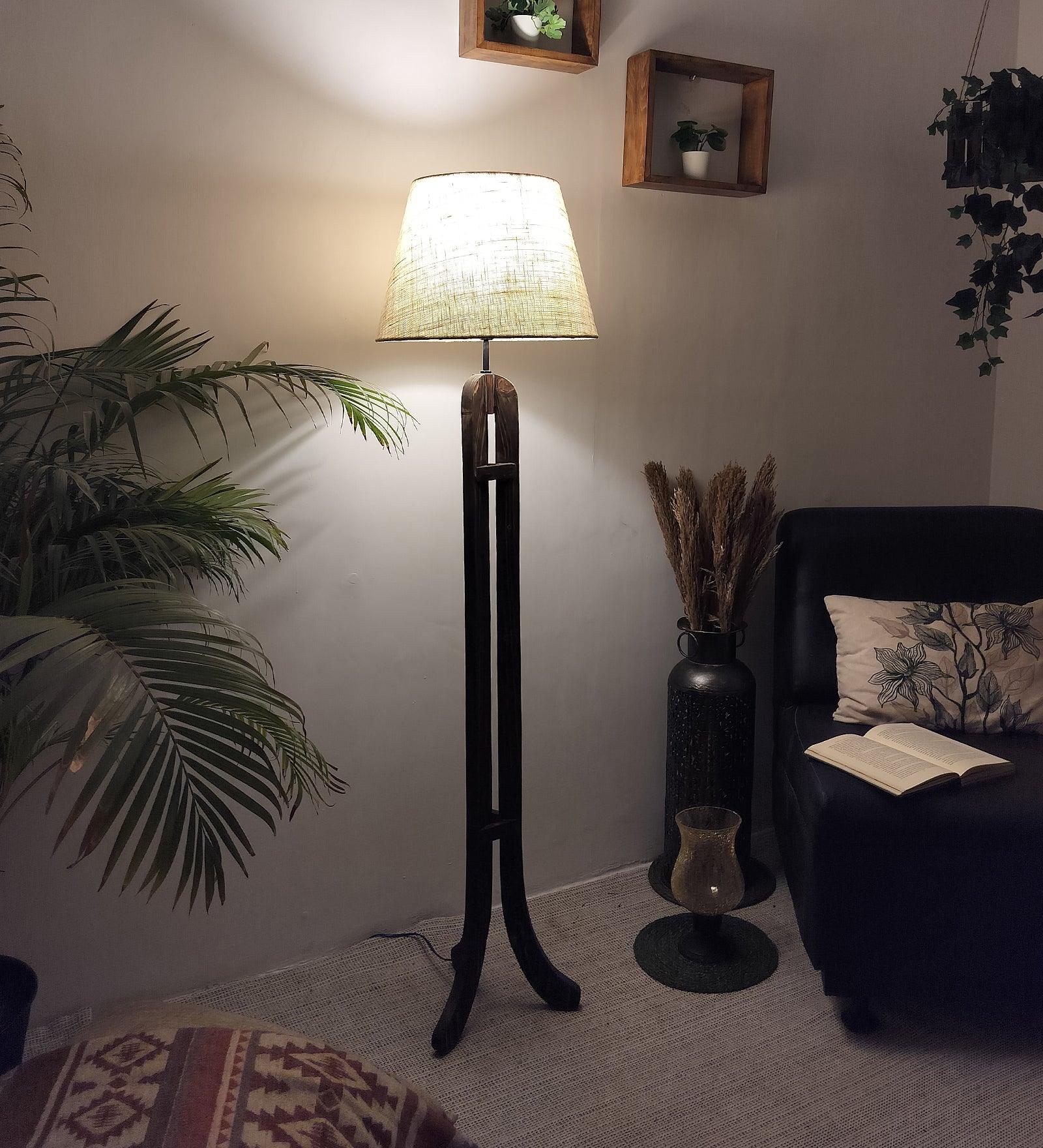 Damien Wooden Floor Lamp with Brown Base and Jute Fabric Lampshade - WoodenTwist