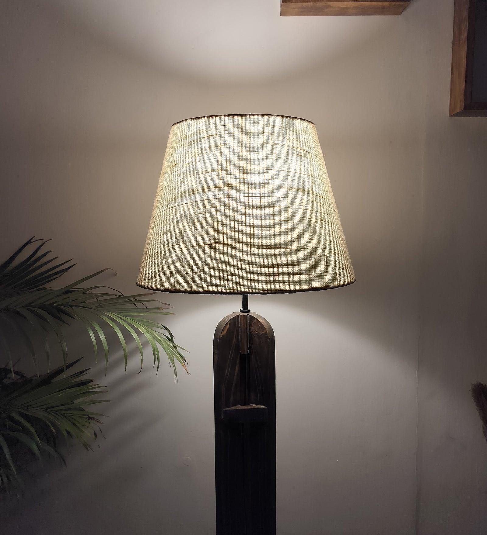 Damien Wooden Floor Lamp with Brown Base and Jute Fabric Lampshade - WoodenTwist