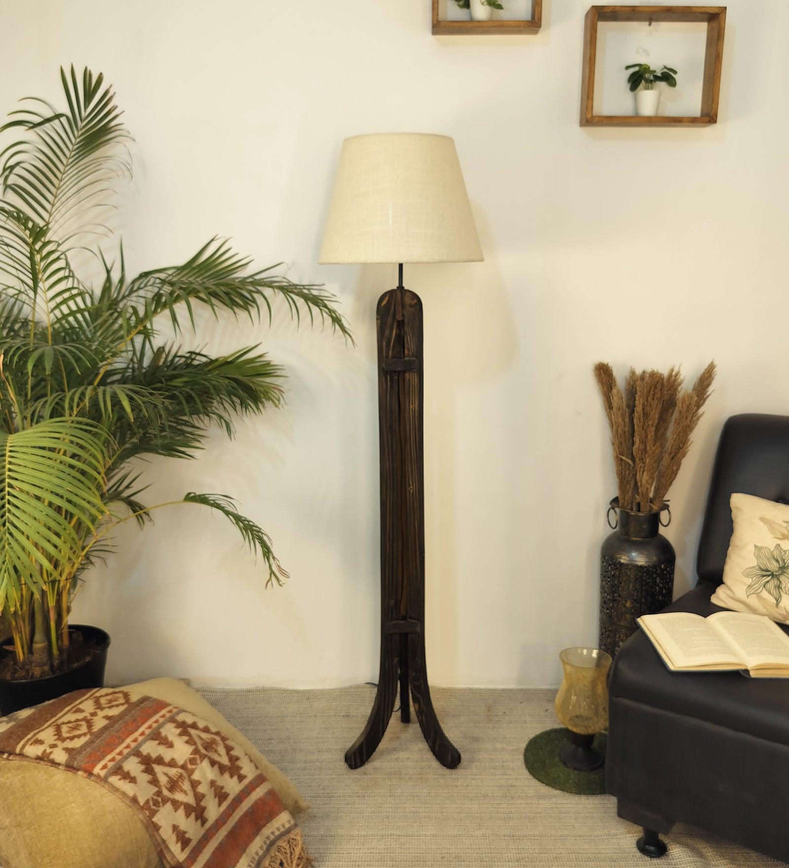 Damien Wooden Floor Lamp with Brown Base and Jute Fabric Lampshade - WoodenTwist