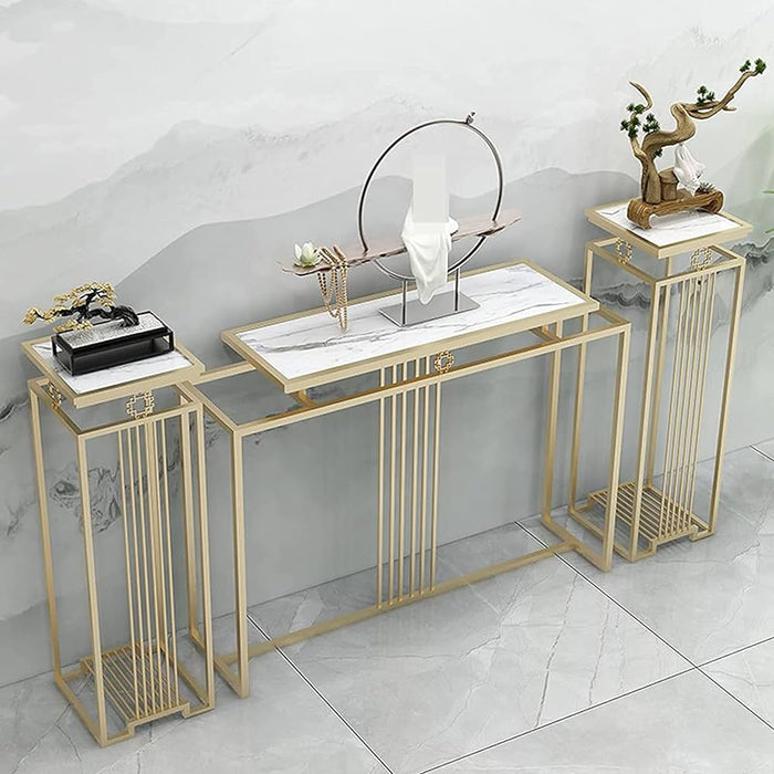 Luxurious Modern Rectangle Console Table Set with White Marble Top and Storage Box (White & Golden) - 3 Piece Set