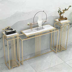 Luxurious Modern Rectangle Console Table Set with White Marble Top and Storage Box (White & Golden) - 3 Piece Set - WoodenTwist