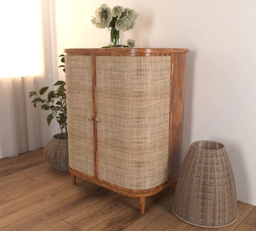 Rosewood and rattan door cabinet