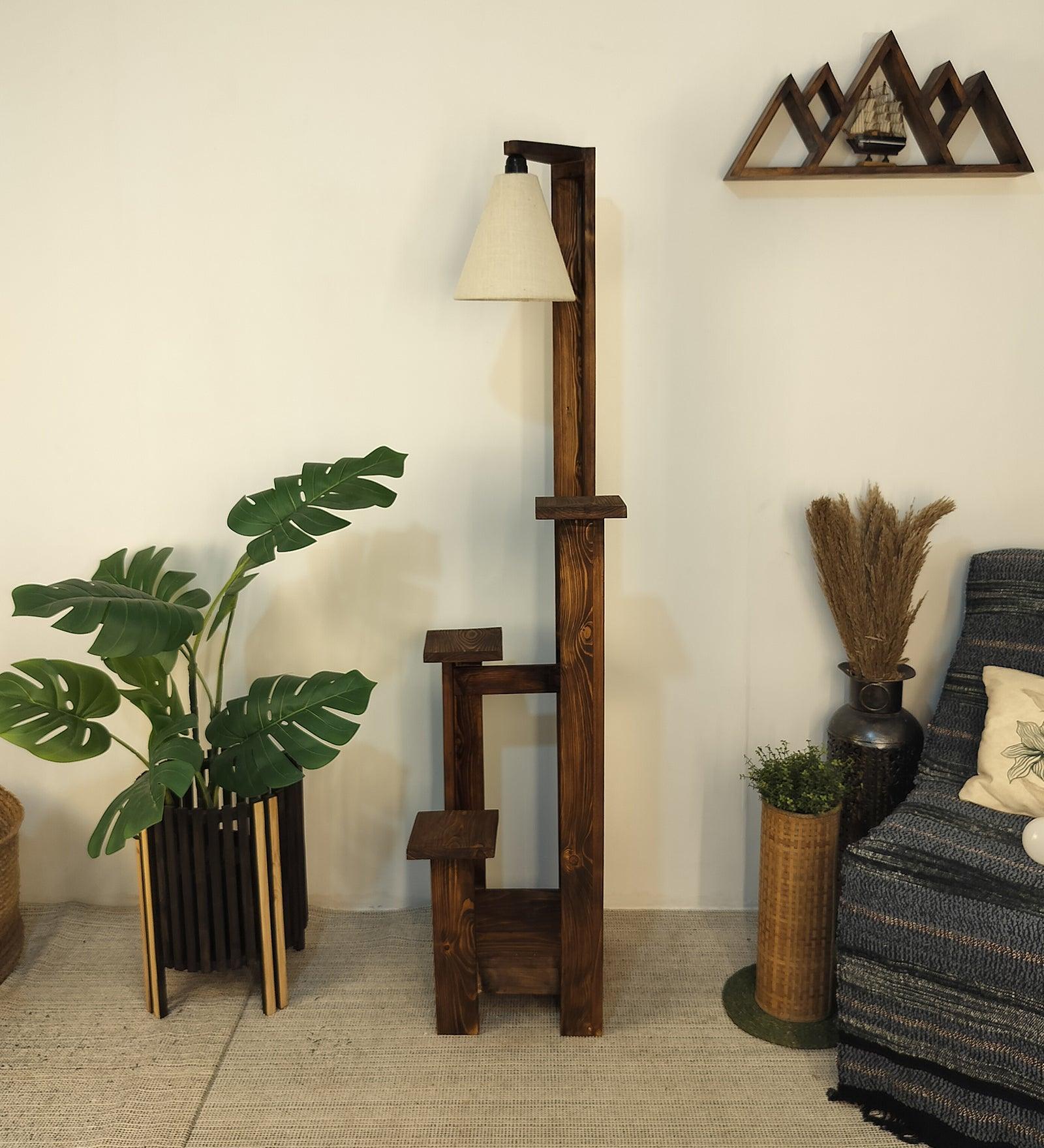 Dorian Wooden Floor Lamp with Brown Base and Jute Fabric Lampshade - WoodenTwist