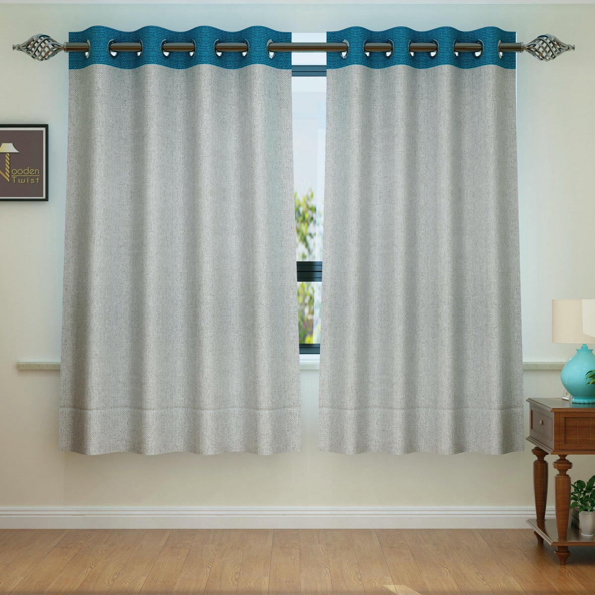 Fabrahome Light Filtering 4.5 Ft Jute Fabric Window Curtain ( Grey & Blue ) - WoodenTwist