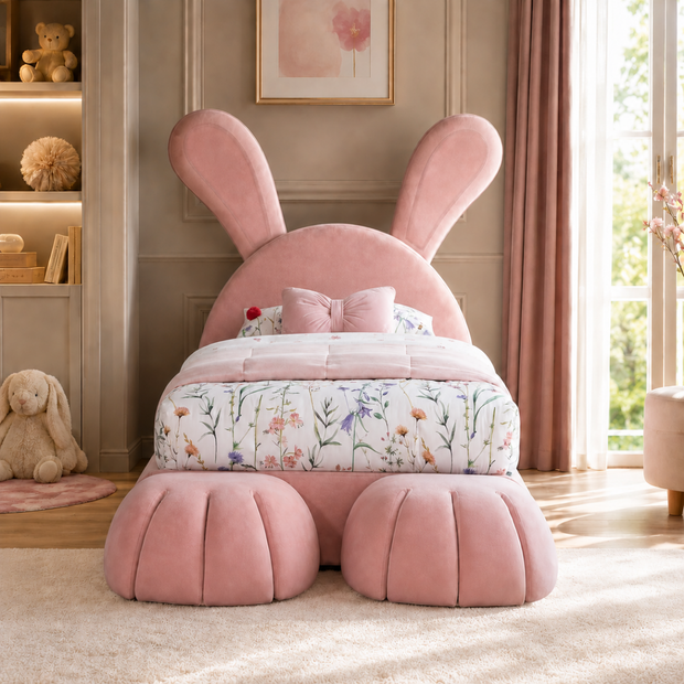 Wooden Twist Doze Elegant Rabbit Shaped Bunny Bed for Modern Whimsical Bedroom for Kids & Adults In Soft Fabric
