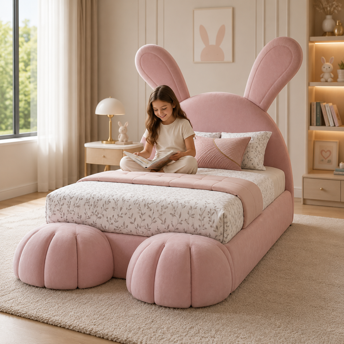 Wooden Twist Doze Elegant Rabbit Shaped Bunny Bed for Modern Whimsical Bedroom for Kids & Adults In Soft Fabric
