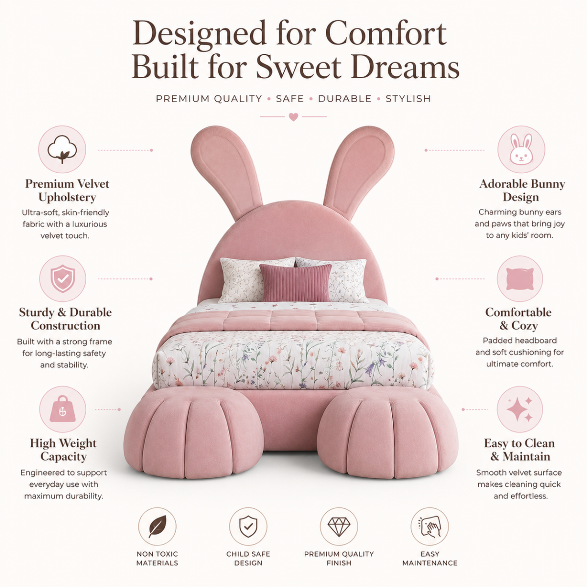 Wooden Twist Doze Elegant Rabbit Shaped Bunny Bed for Modern Whimsical Bedroom for Kids & Adults In Soft Fabric