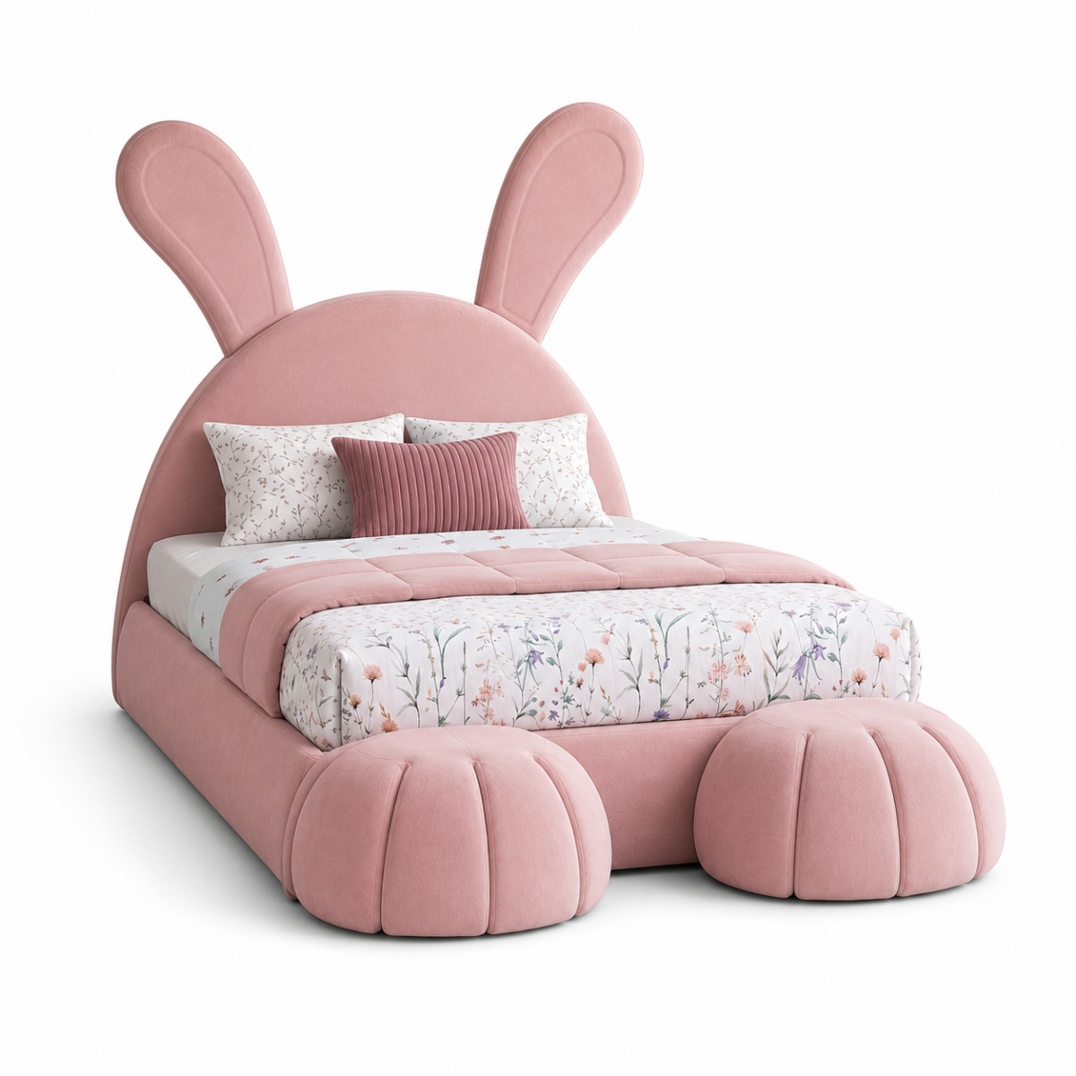 Wooden Twist Doze Elegant Rabbit Shaped Bunny Bed for Modern Whimsical Bedroom for Kids & Adults In Soft Fabric