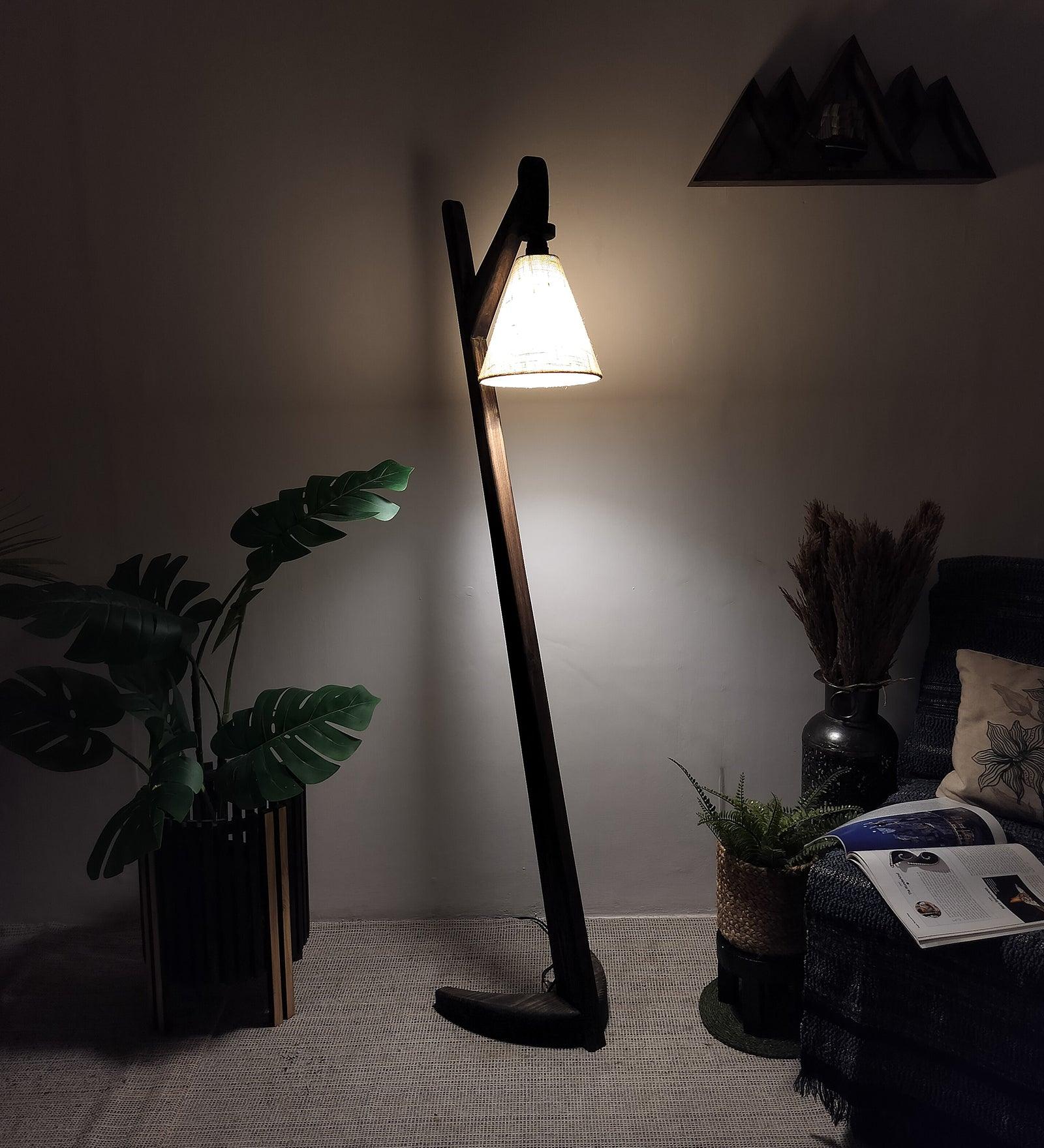 Druid Wooden Floor Lamp with Brown Base and Jute Fabric Lampshade - WoodenTwist