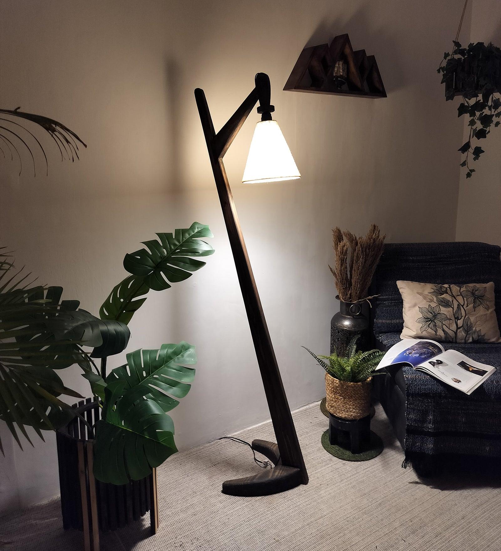 Druid Wooden Floor Lamp with Brown Base and Jute Fabric Lampshade - WoodenTwist