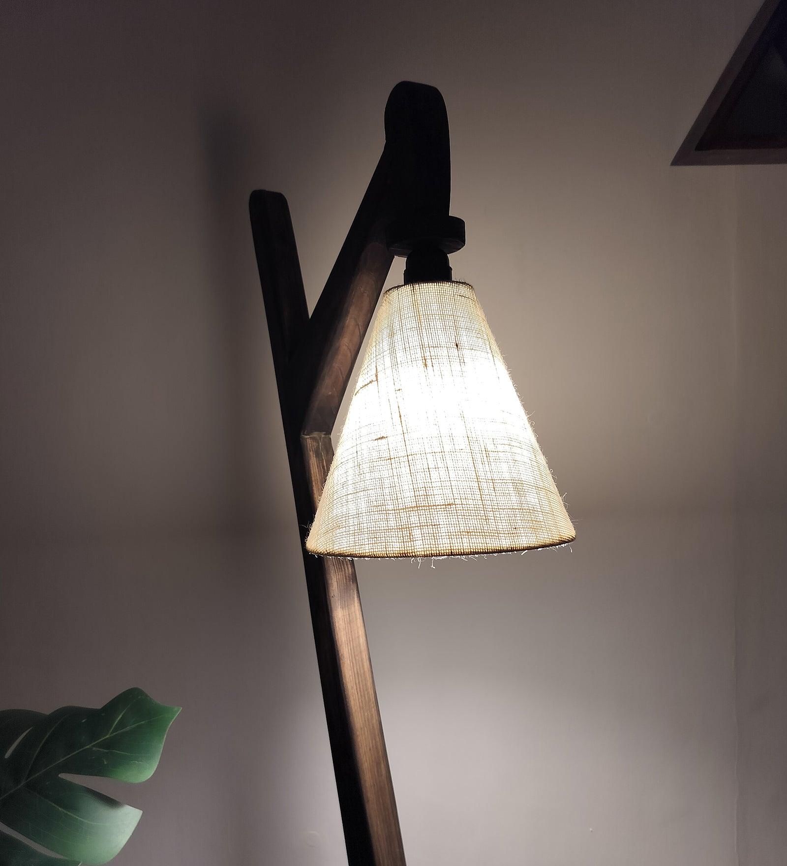 Druid Wooden Floor Lamp with Brown Base and Jute Fabric Lampshade - WoodenTwist