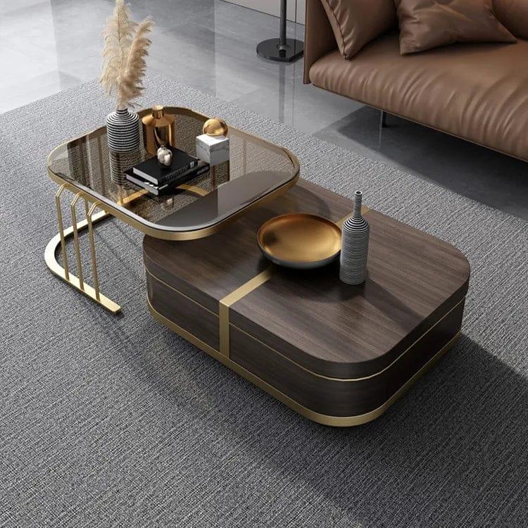 A glass top center table with built-in storage