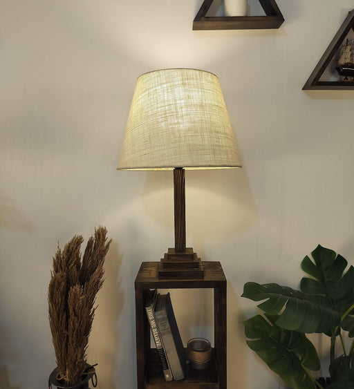 Ebenezer Wooden Floor Lamp with Brown Base and Beige Fabric Lampshade - WoodenTwist