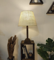 Ebenezer Wooden Floor Lamp with Brown Base and Beige Fabric Lampshade - WoodenTwist